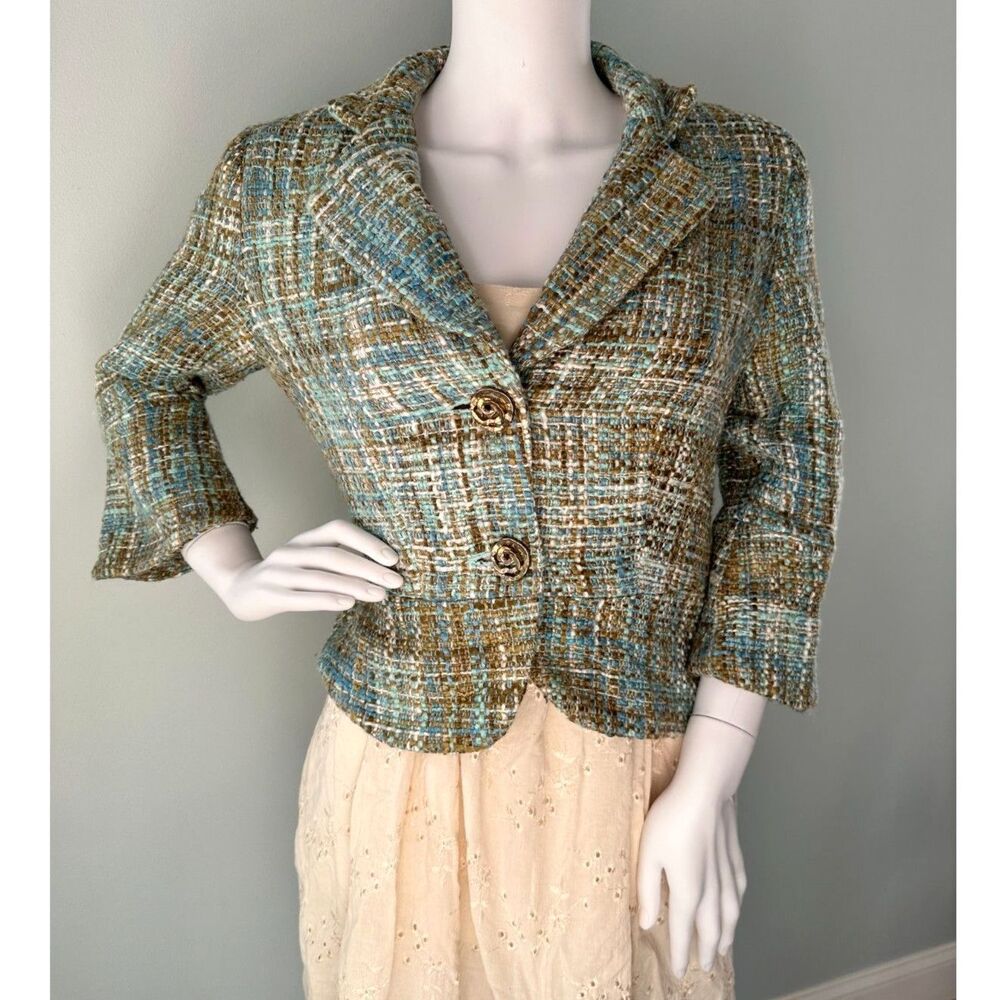 Vintage Y2k Dressbarn Blue and Brown Tweed Cropped Blazer Suit Jacket size Small